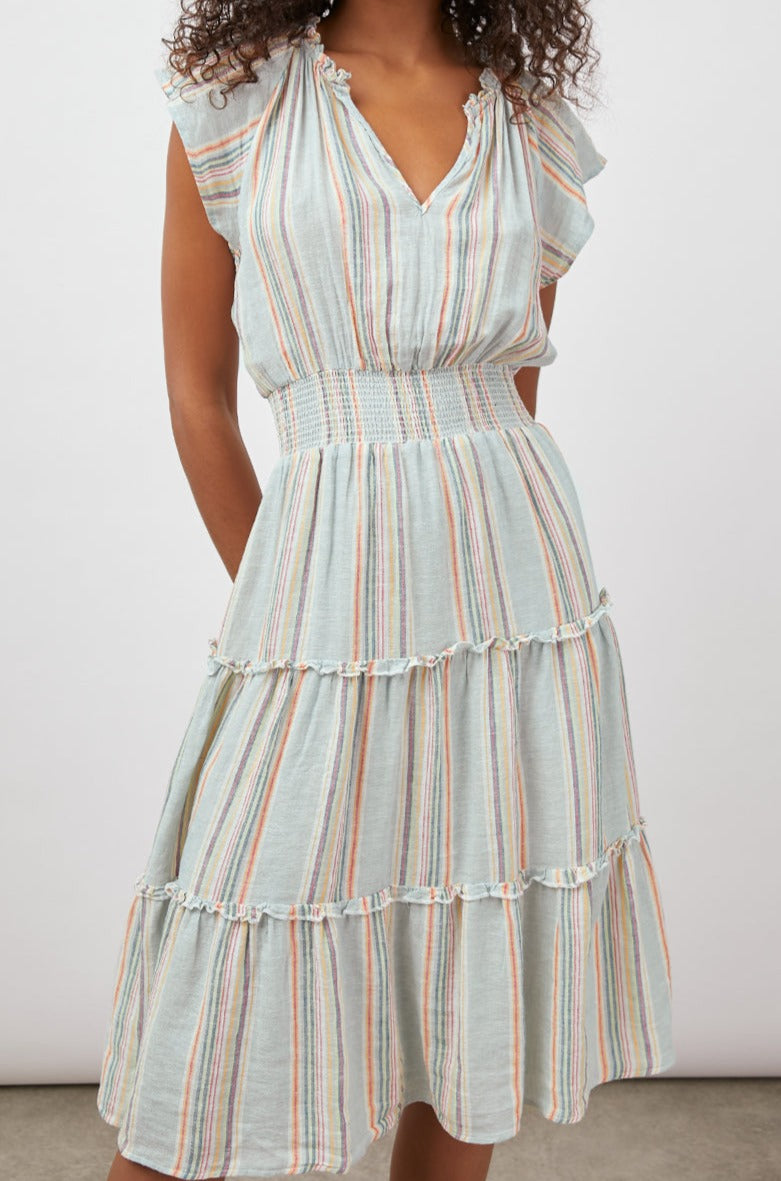 AMELLIA SAG HARBOR STRIPE TIERED SHORT SLEEVE DRESS-FRONT
