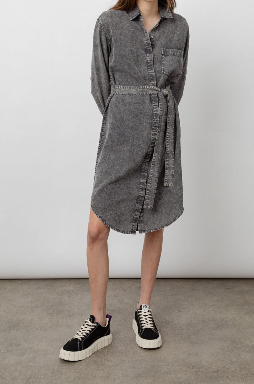 Ames Black Acid Wash Long Sleeve Dress - full front body