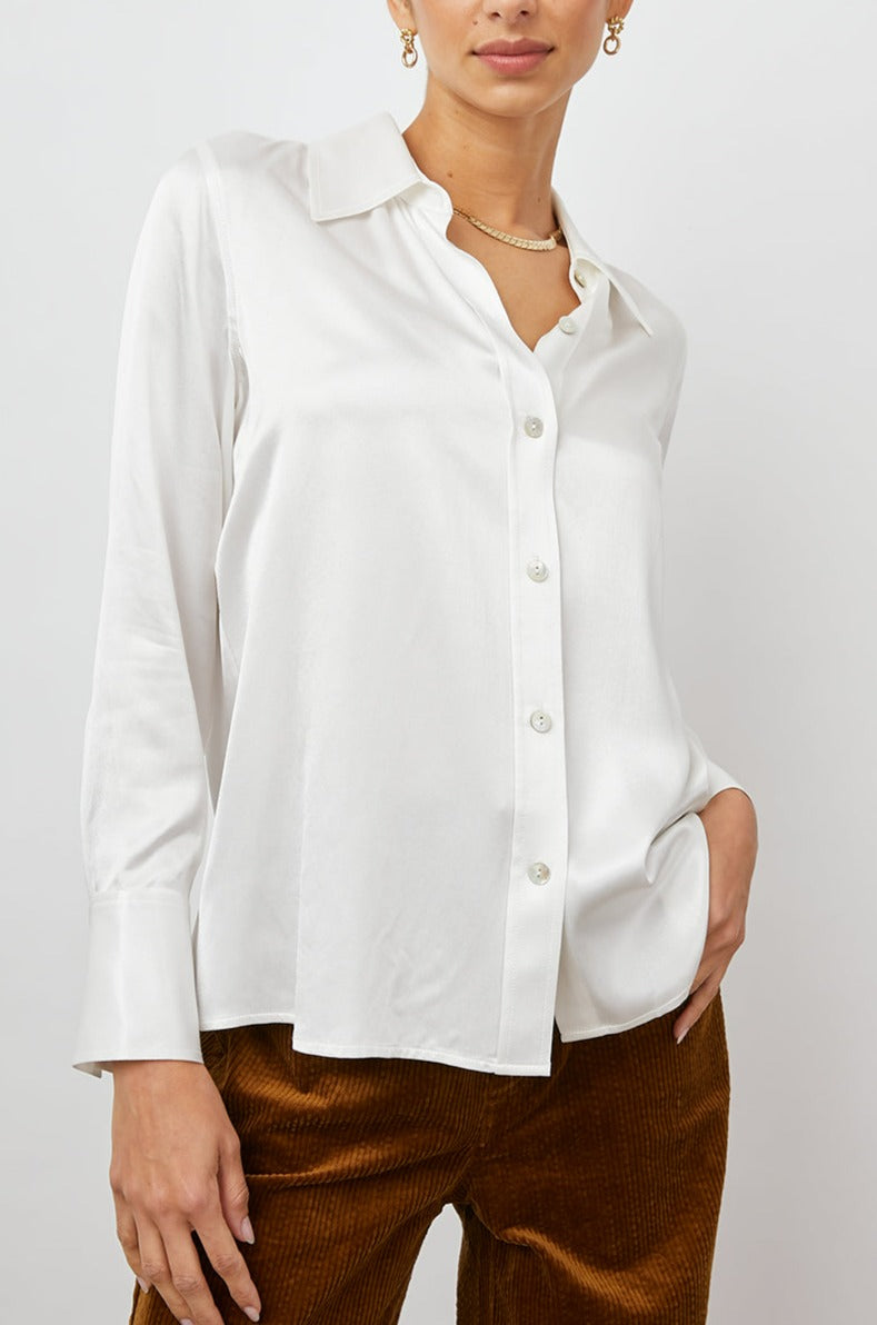 Andrea Long Sleeve Button Up in Ivory Colorway - Front View Featured on Model 