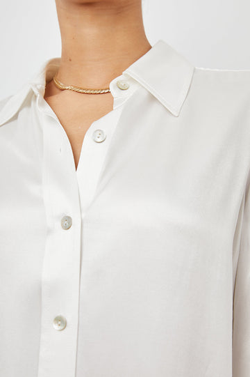 Andrea Long Sleeve Button Up in Ivory Colorway - Front View Featured on Model 