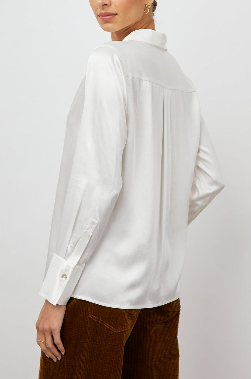 Andrea Long Sleeve Button Up in Ivory Colorway - Back View Featured on Model 