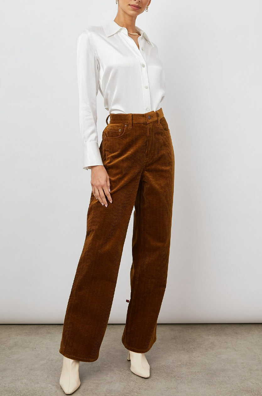 Andrea Long Sleeve Button Up in Ivory Colorway - Front Tucked Full Body View Featured on Model 