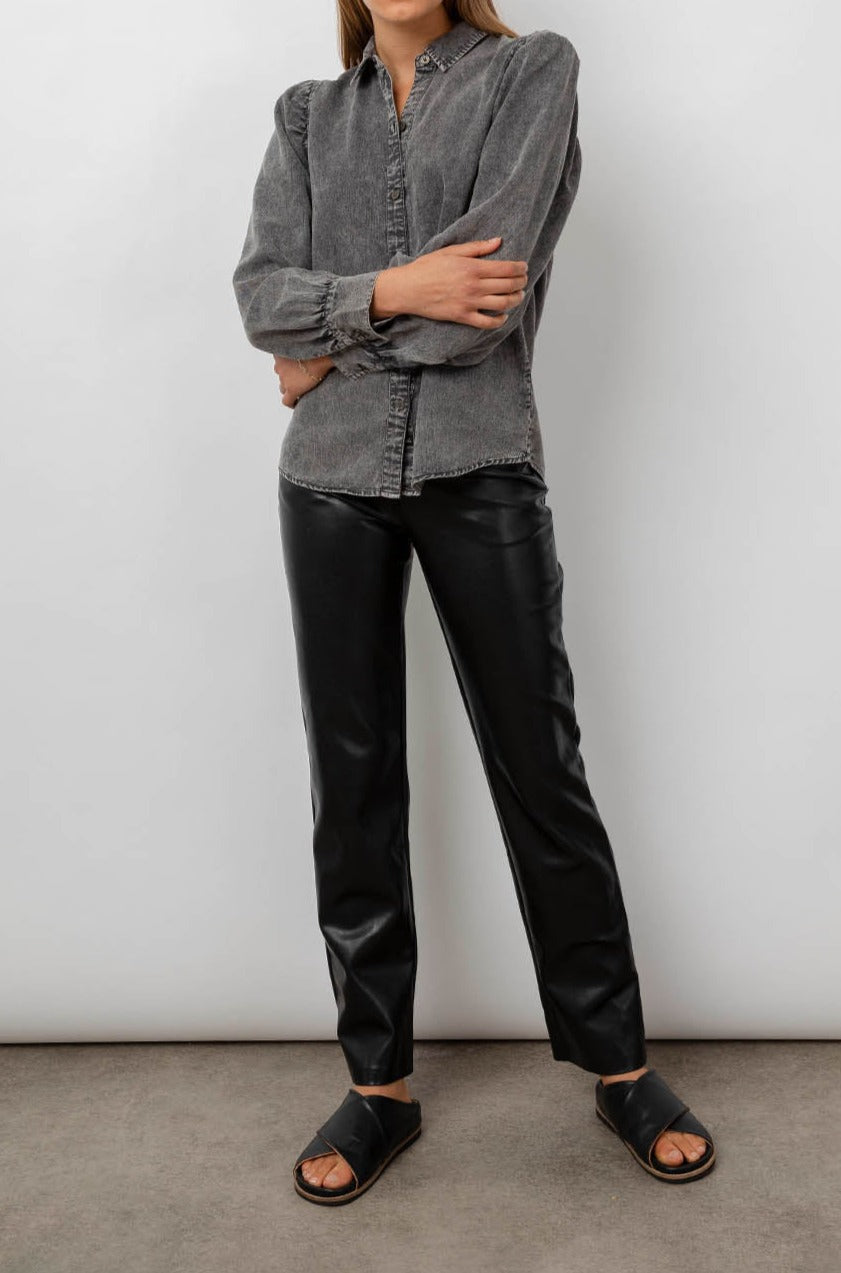 Angelica Black Acid Wash Button Down Rouched Long Sleeve Shirt- full front body