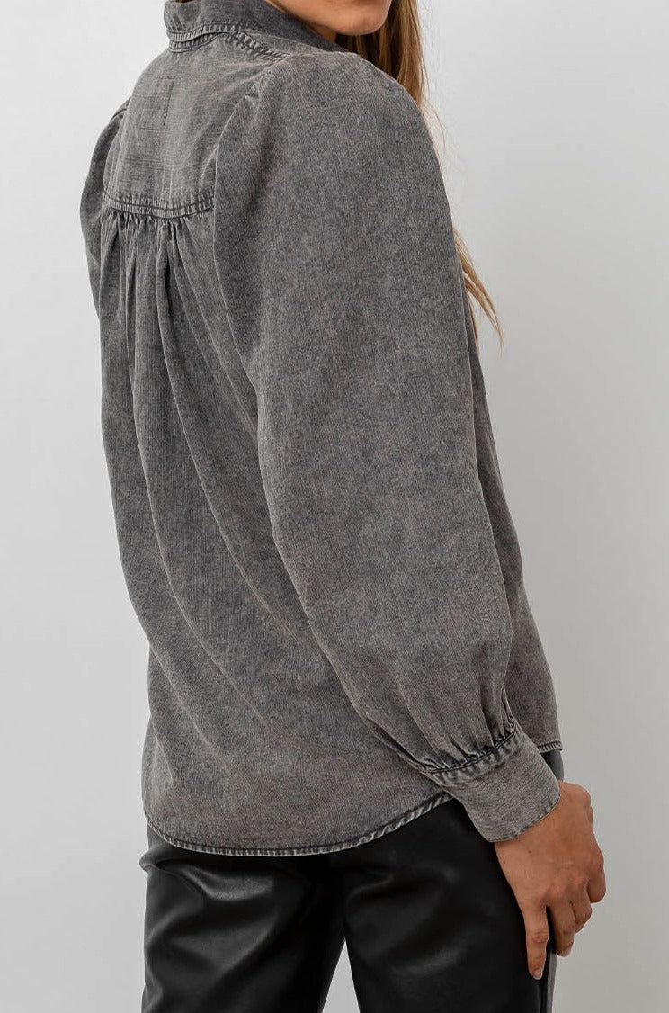 Angelica Black Acid Wash Button Down Rouched Long Sleeve Shirt- back angle