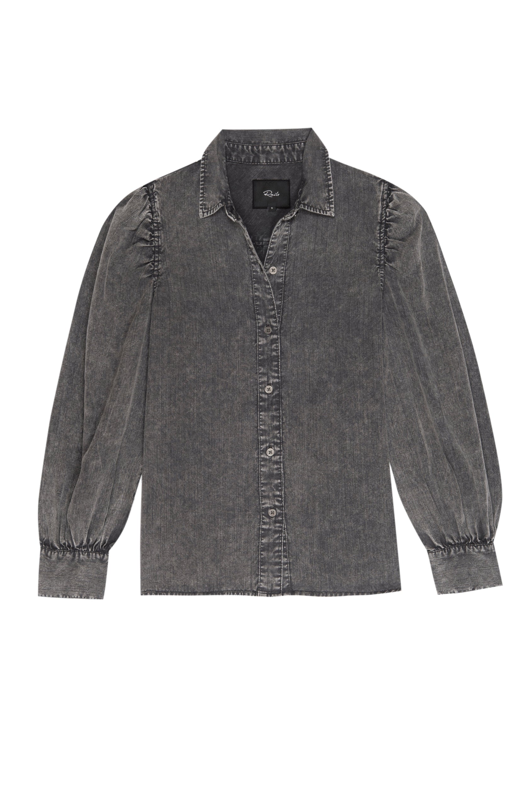 Angelica Black Acid Wash Button Down Rouched Long Sleeve Shirt - flat