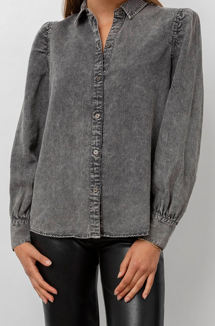 Angelica Black Acid Wash Button Down Rouched Long Sleeve Shirt- front