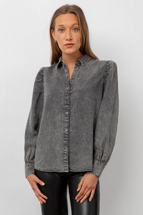 Angelica Black Acid Wash Button Down Rouched Long Sleeve Shirt- front