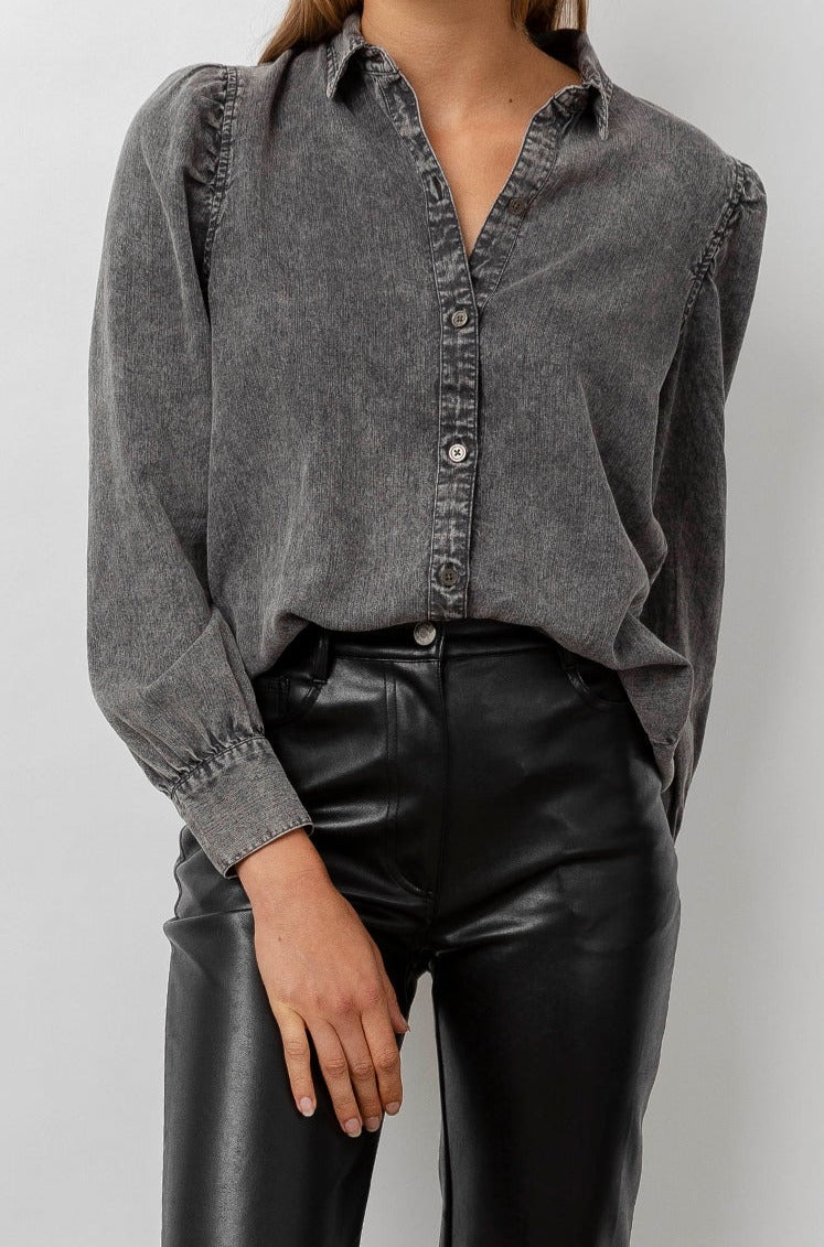 Angelica Black Acid Wash Button Down Rouched Long Sleeve Shirt- front tucked-in