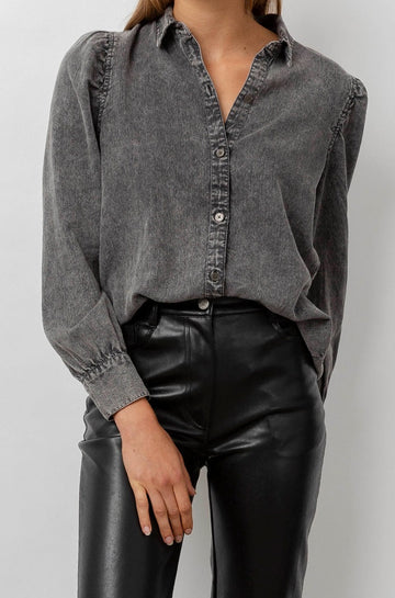 Angelica Black Acid Wash Button Down Rouched Long Sleeve Shirt- front tucked-in