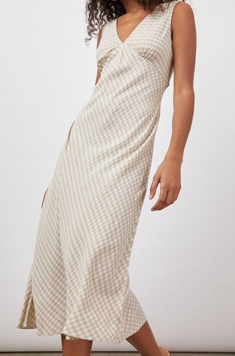 AUDRINA SAND GINGHAM DRESS- FRONT