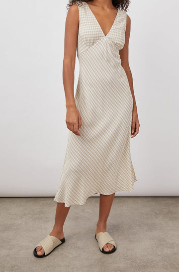 AUDRINA SAND GINGHAM DRESS- FRONT