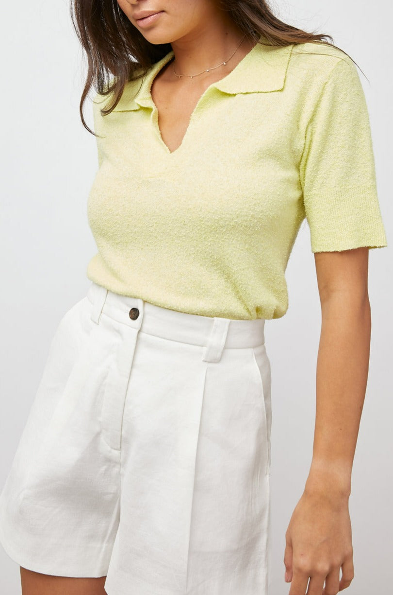 AUGUSTA LEMON MOUSSE COLLARED V NECK SHORT SLEEVE- FRONT TUCKED IN