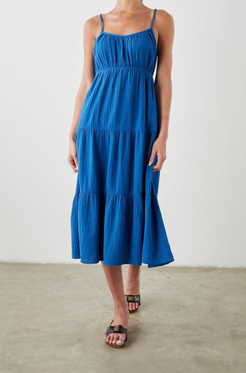 BLAKELY DRESS SAPPHIRE - FRONT FULL BODY IN MOTION