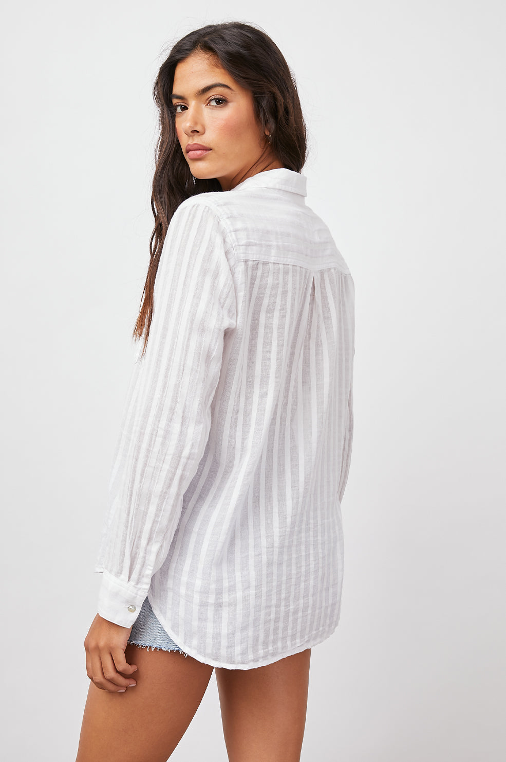 CHARLI WHITE SHADOW STRIPE LONG SLEEVE BUTTON DOWN- BACK