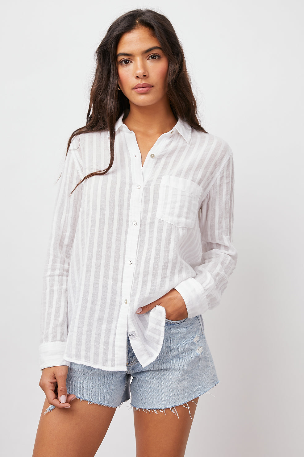 CHARLI WHITE SHADOW STRIPE LONG SLEEVE BUTTON DOWN- FRONT UNTUCKED