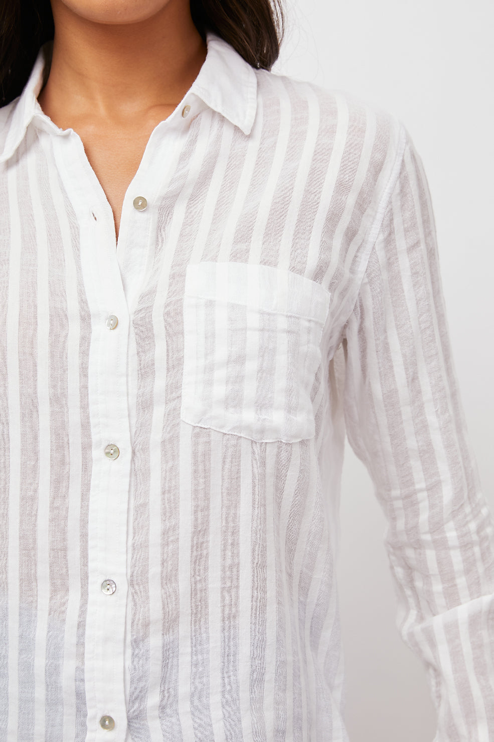 CHARLI WHITE SHADOW STRIPE LONG SLEEVE BUTTON DOWN- DETAIL