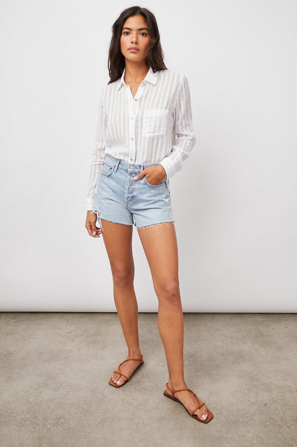 CHARLI WHITE SHADOW STRIPE LONG SLEEVE BUTTON DOWN- FULL FRONT BODY