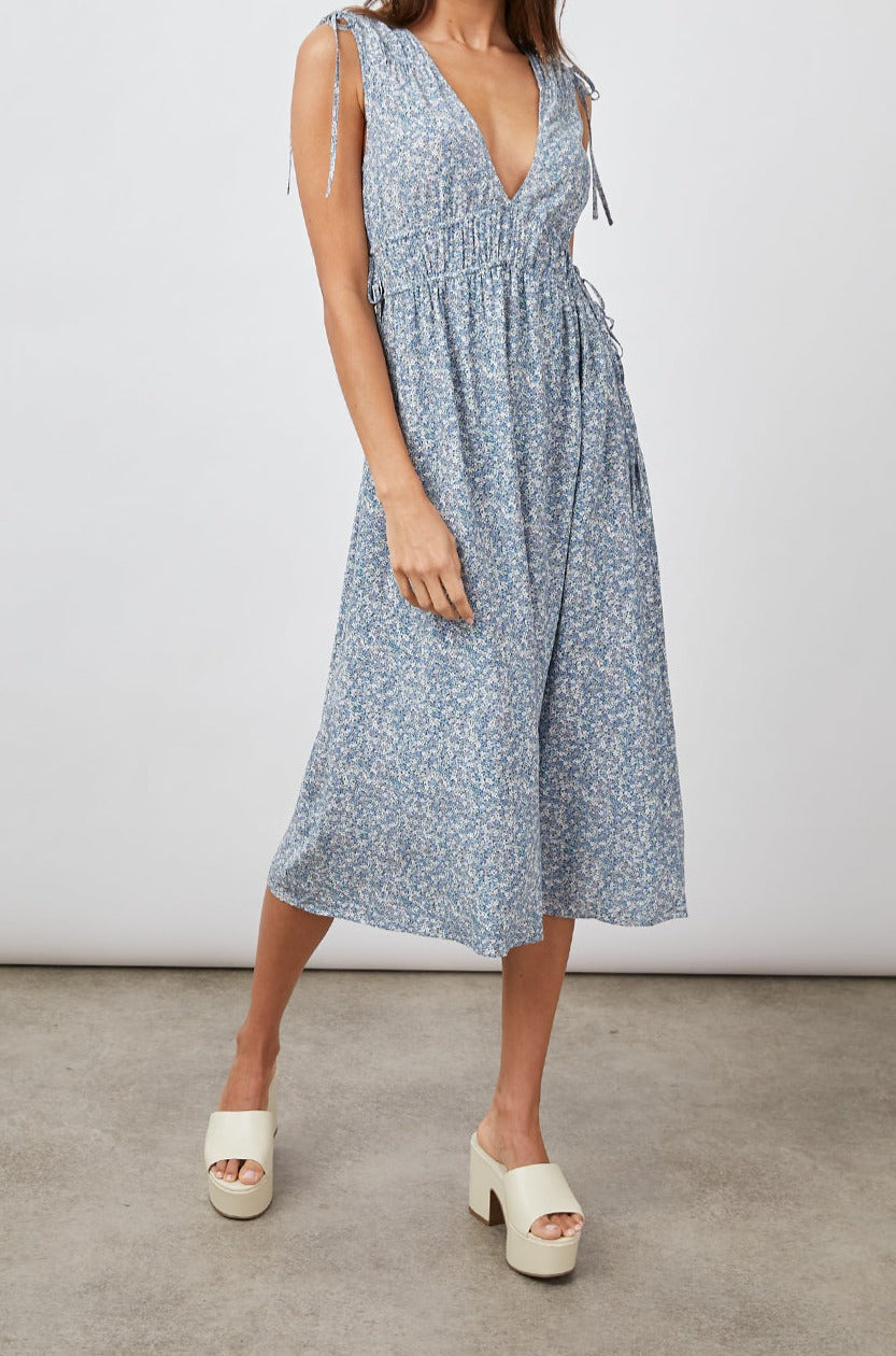 CONSTANTINE BLUE MINI GARDEN DRESS-FRONT FULL BODY IN MOTION