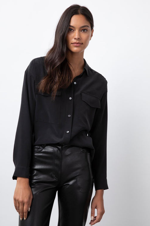 Cori Black Button Down Long Sleeve Blouse- front tucked