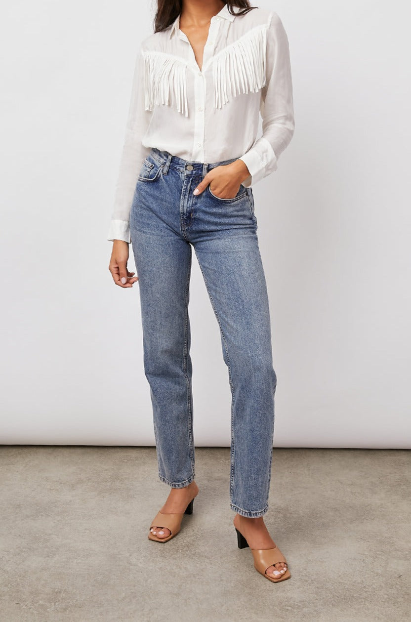 Dallas Ivory Long Sleeve Fringe Button Down - front full body