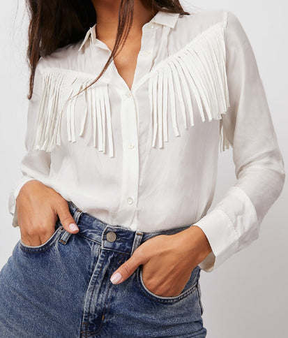 Dallas Ivory Long Sleeve Fringe Button Down - front