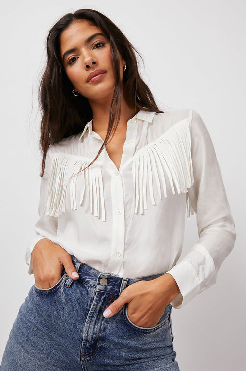 Dallas Ivory Long Sleeve Fringe Button Down - front
