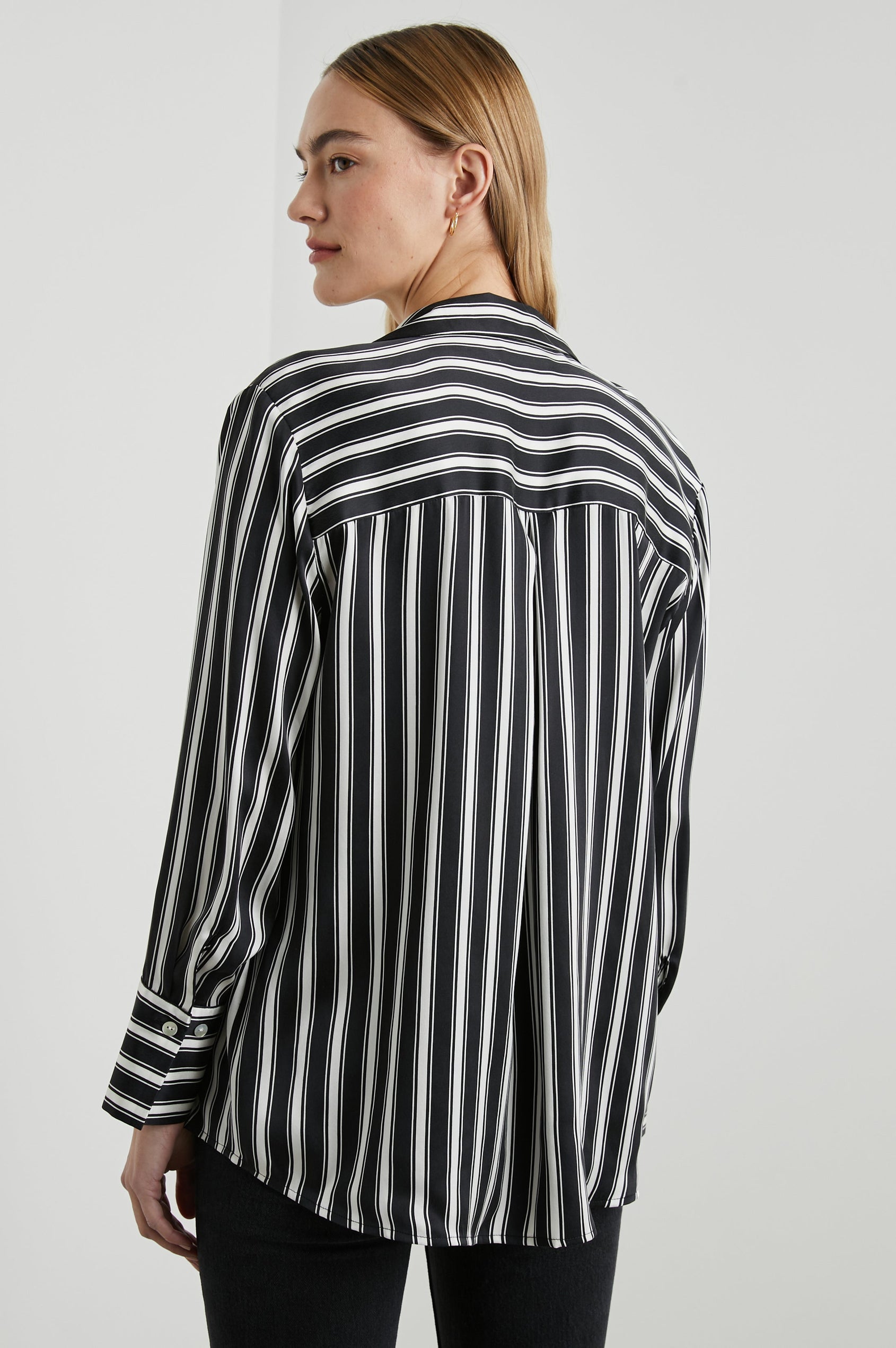 Dorian Long-Sleeve Button Up in Melrose Stripe Colorway, Black and White Vertical Stripes  - Back View Featured on Model
