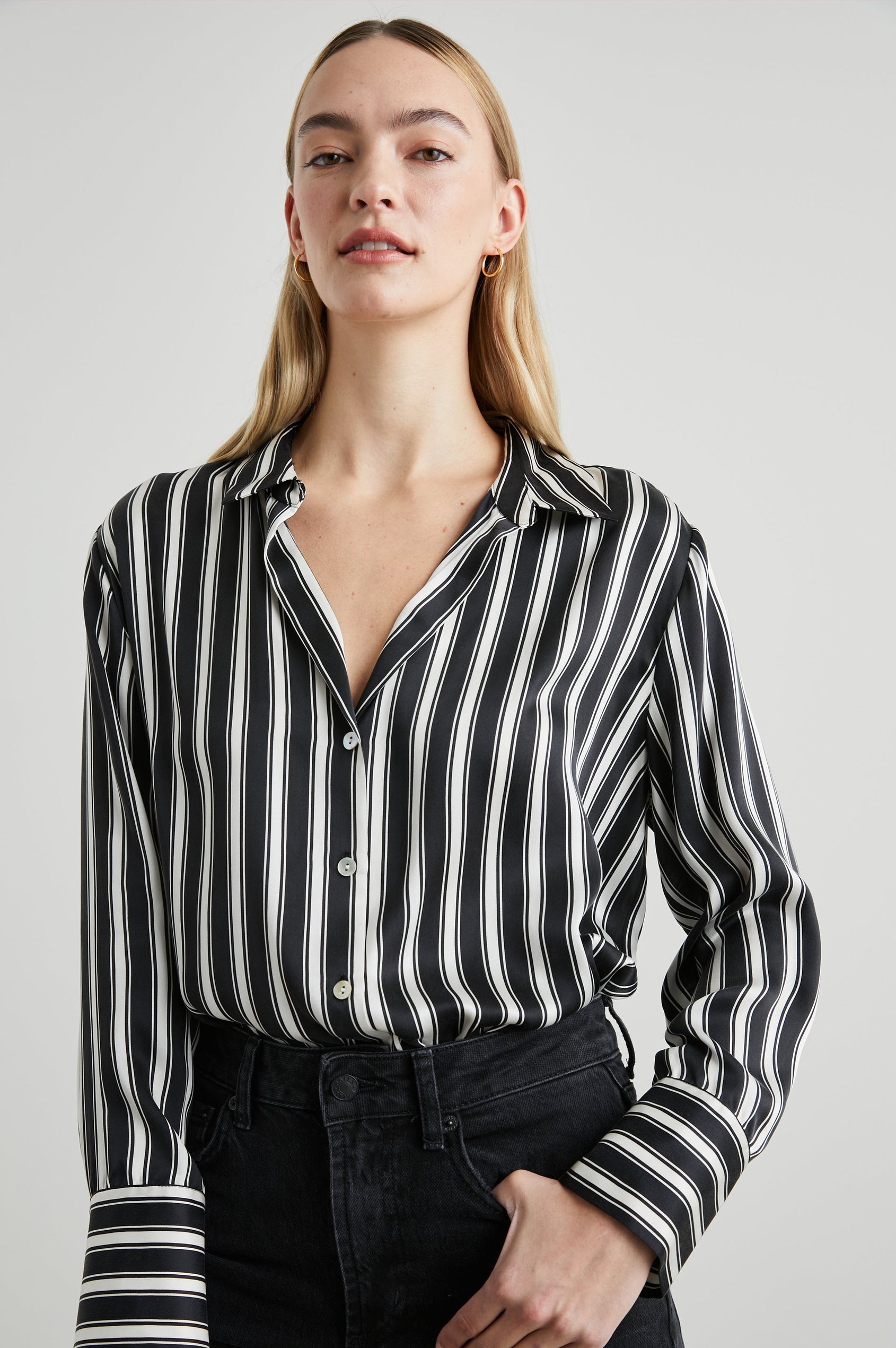 Dorian Long-Sleeve Button Up in Melrose Stripe Colorway, Black and White Vertical Stripes  - Front Tucked View Featured on Model