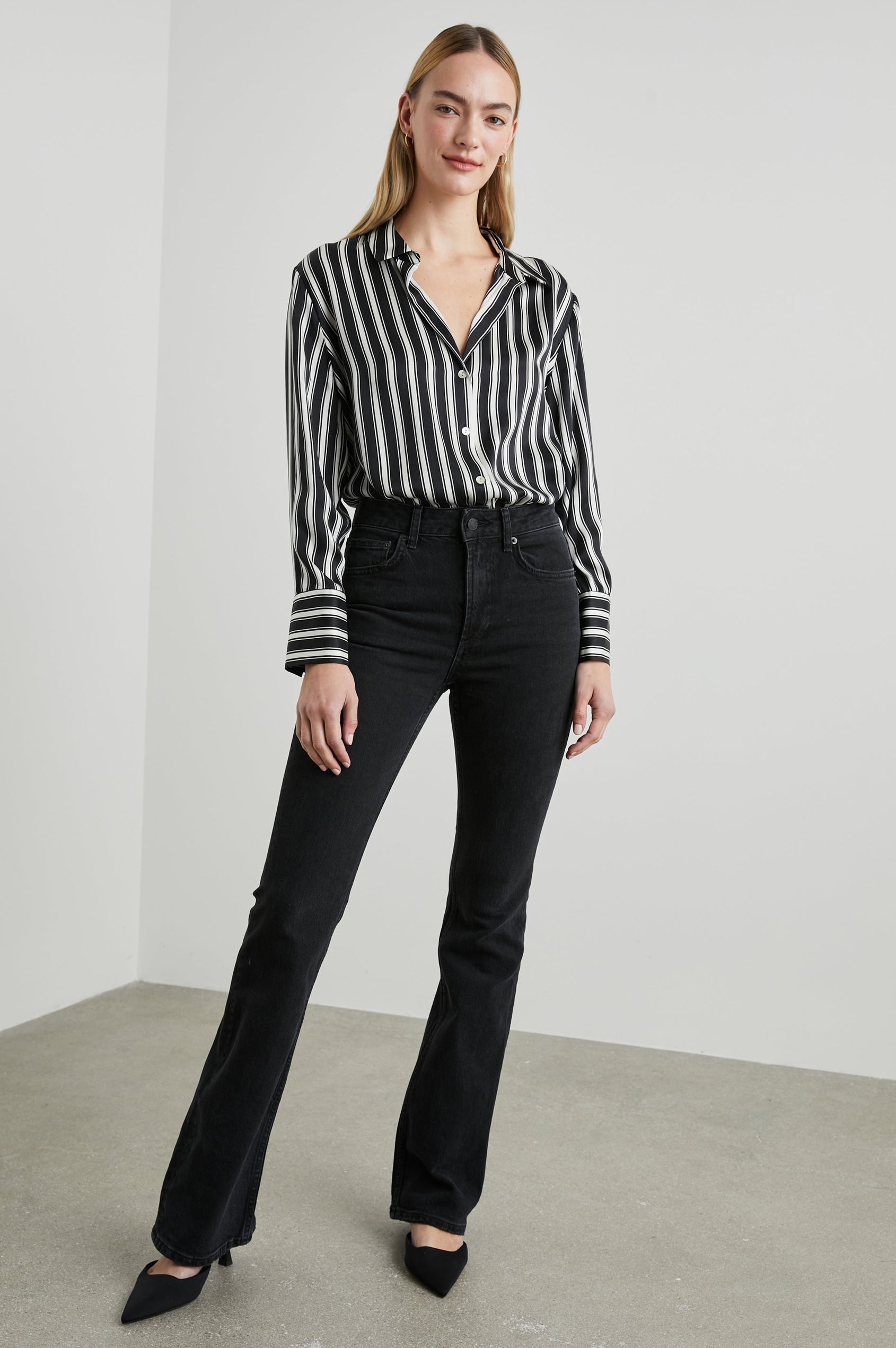 Dorian Long-Sleeve Button Up in Melrose Stripe Colorway, Black and White Vertical Stripes  - Front Tucked Full Body View Featured on Model