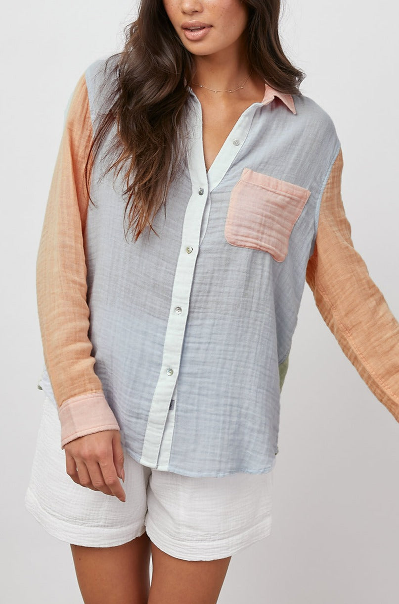 ELLIS BERMUDA COLOR BLOCK LONG SLEEVE BUTTON -FRONT UNTUCKED