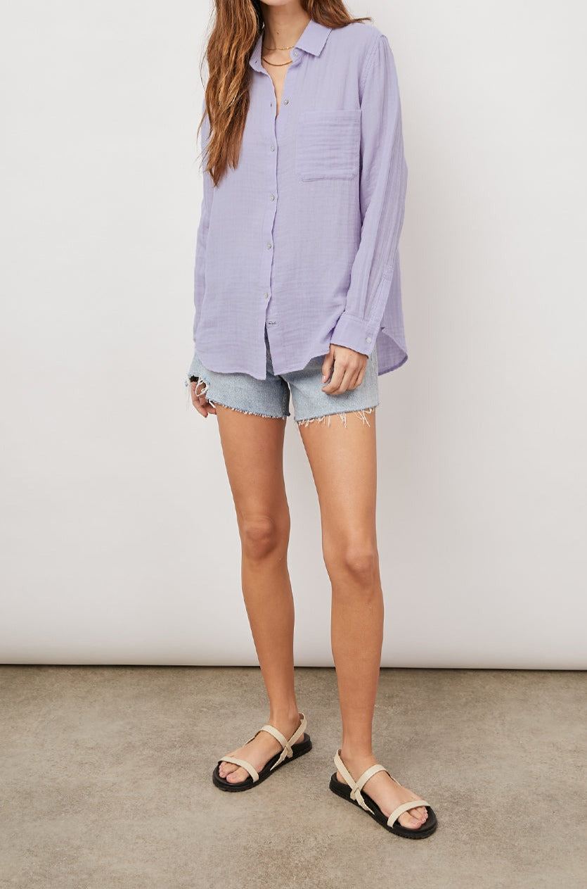 ELLIS VIOLET LONG SLEEVE BUTTON DOWN-FULL FRONT BODY UNTUCKED
