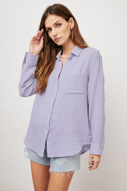 ELLIS VIOLET LONG SLEEVE BUTTON DOWN- FRONT UNTUCKED