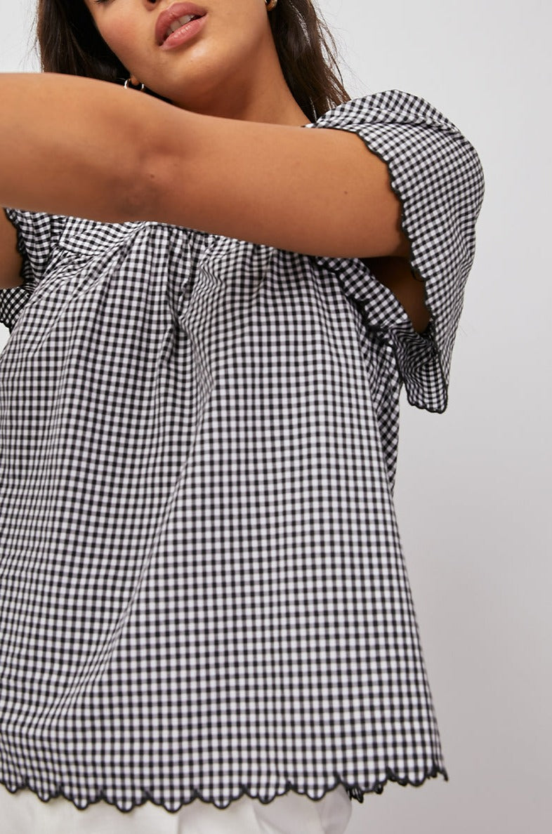 HARLEY BLACK MINI GINGHAM BLOUSE-FRONT IN MOTION