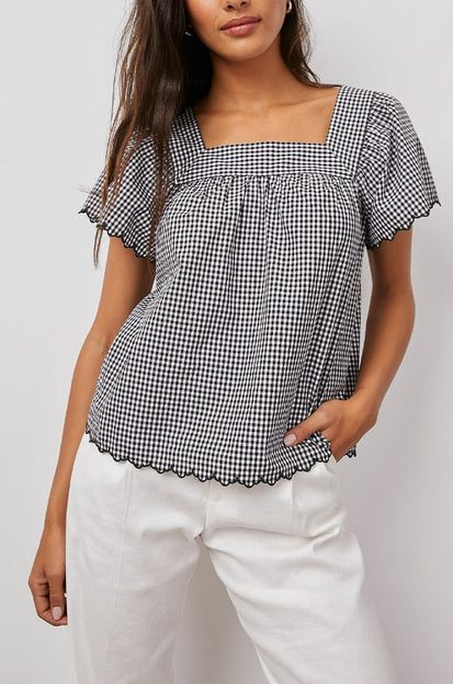 HARLEY BLACK MINI GINGHAM BLOUSE- FRONT UNTUCKED