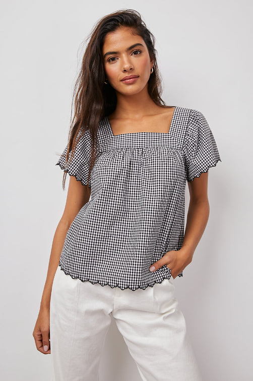 HARLEY BLACK MINI GINGHAM BLOUSE- FRONT UNTUCKED