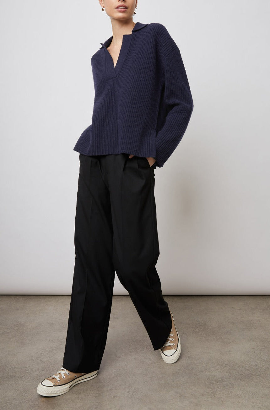 HARRIS NAVY SWEATER- FULL FRONT BODY IN MOTION