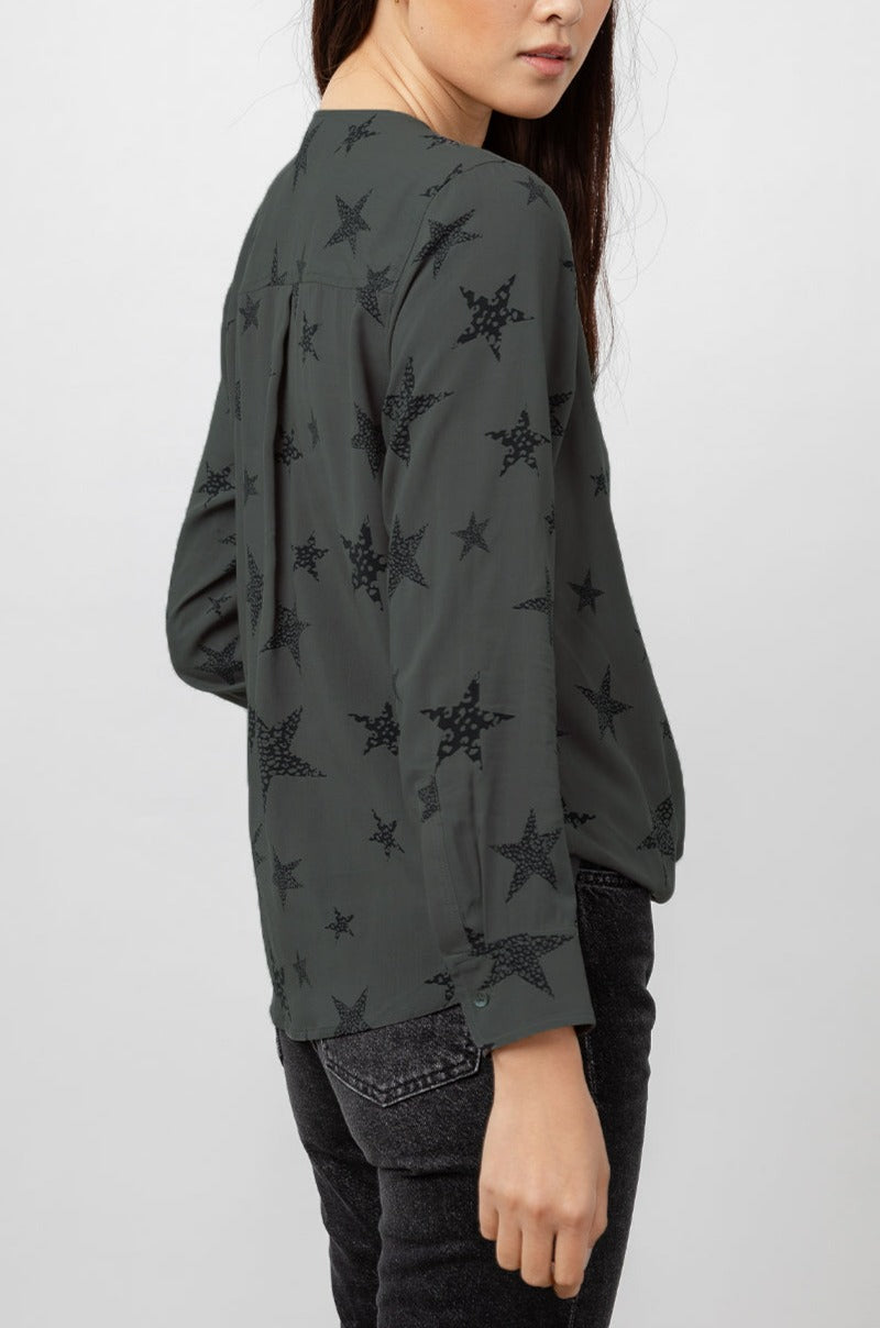 Hillary Charcoal Cheetah Stars Long Sleeve Button Down - side angle