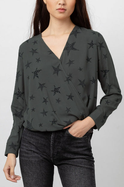 Hillary Charcoal Cheetah Stars Long Sleeve Button Down - front