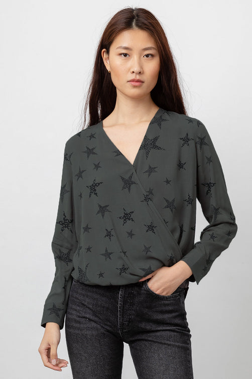 Hillary Charcoal Cheetah Stars Long Sleeve Button Down - front