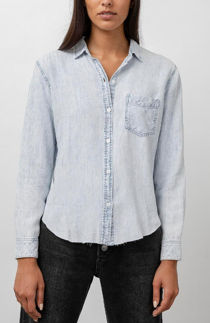 Ingrid Raw Light Acid Wash Button Down Long Sleeve - front untucked
