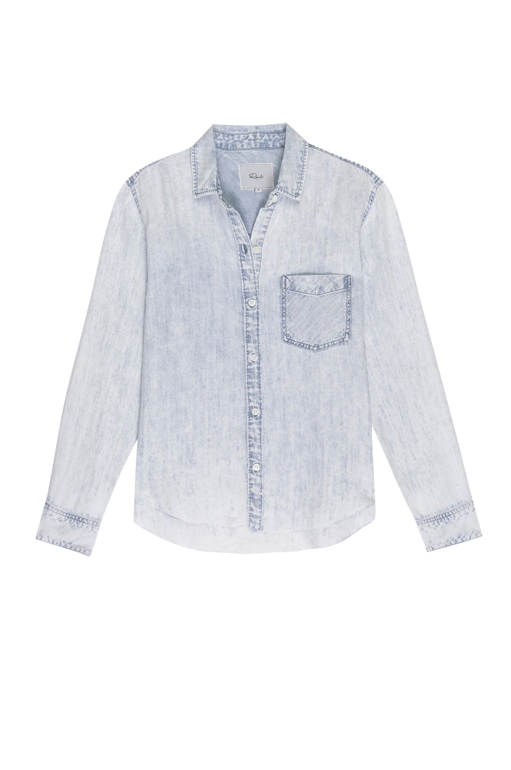 Ingrid Raw Hem, Long Sleeve Denim Button Up with a Chest Patch Pocket in Light Acid Wash Colorway - Front View 