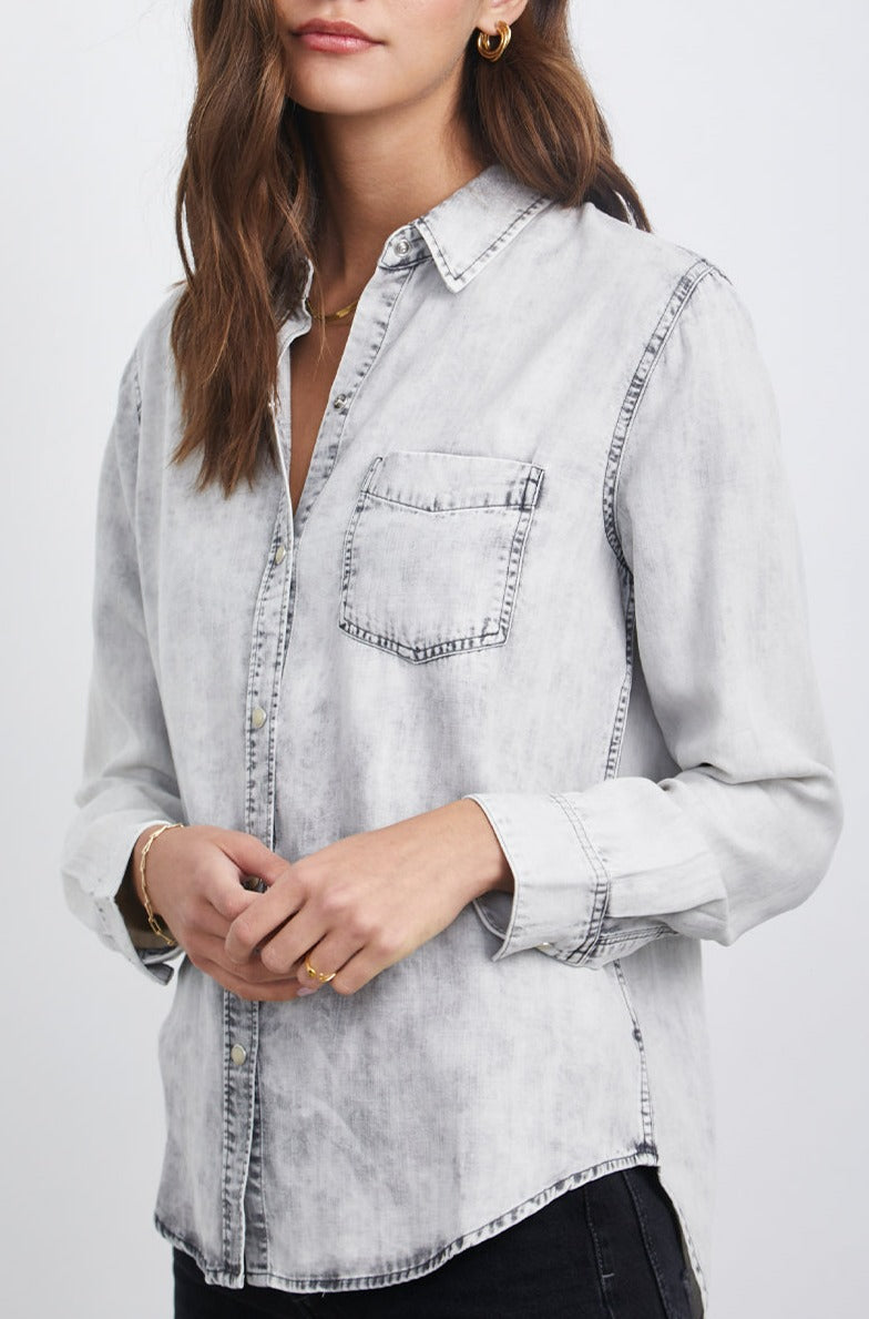 INGRID CHARCOAL CLOUD WASH BUTTON DOWN SHIRT-FRONT UNTUCKED