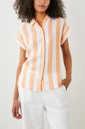 Jamie Short Sleeve Button Up in Ortona Stripe Colorway, Orange and White Vertical Stripes - Front View Featured on Model 