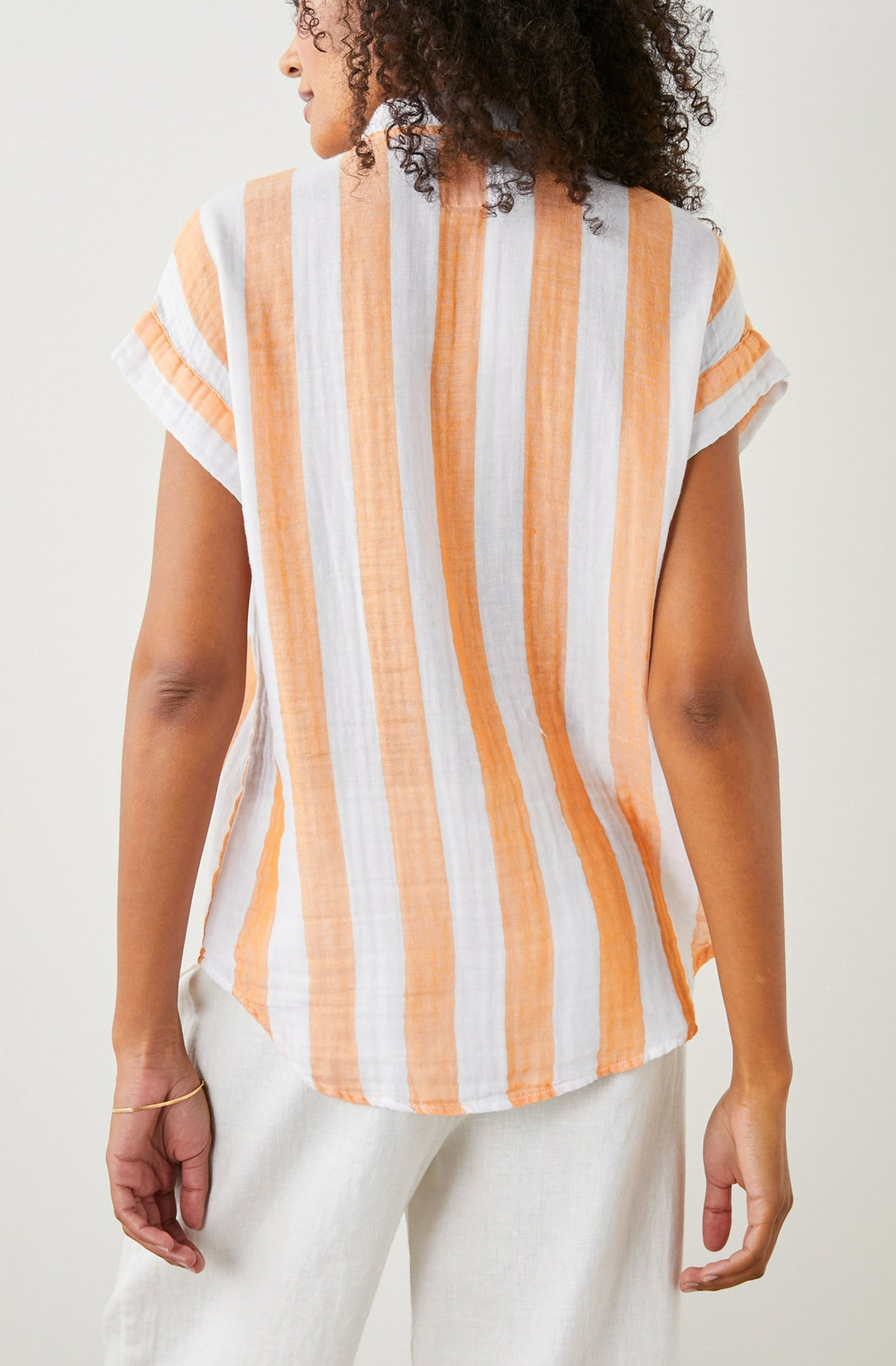Jamie Short Sleeve Button Up in Ortona Stripe Colorway, Orange and White Vertical Stripes - Back View Featured on Model 