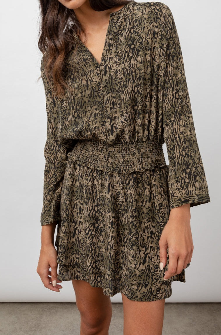 Jasmine Olive Static Dress- front in motion
