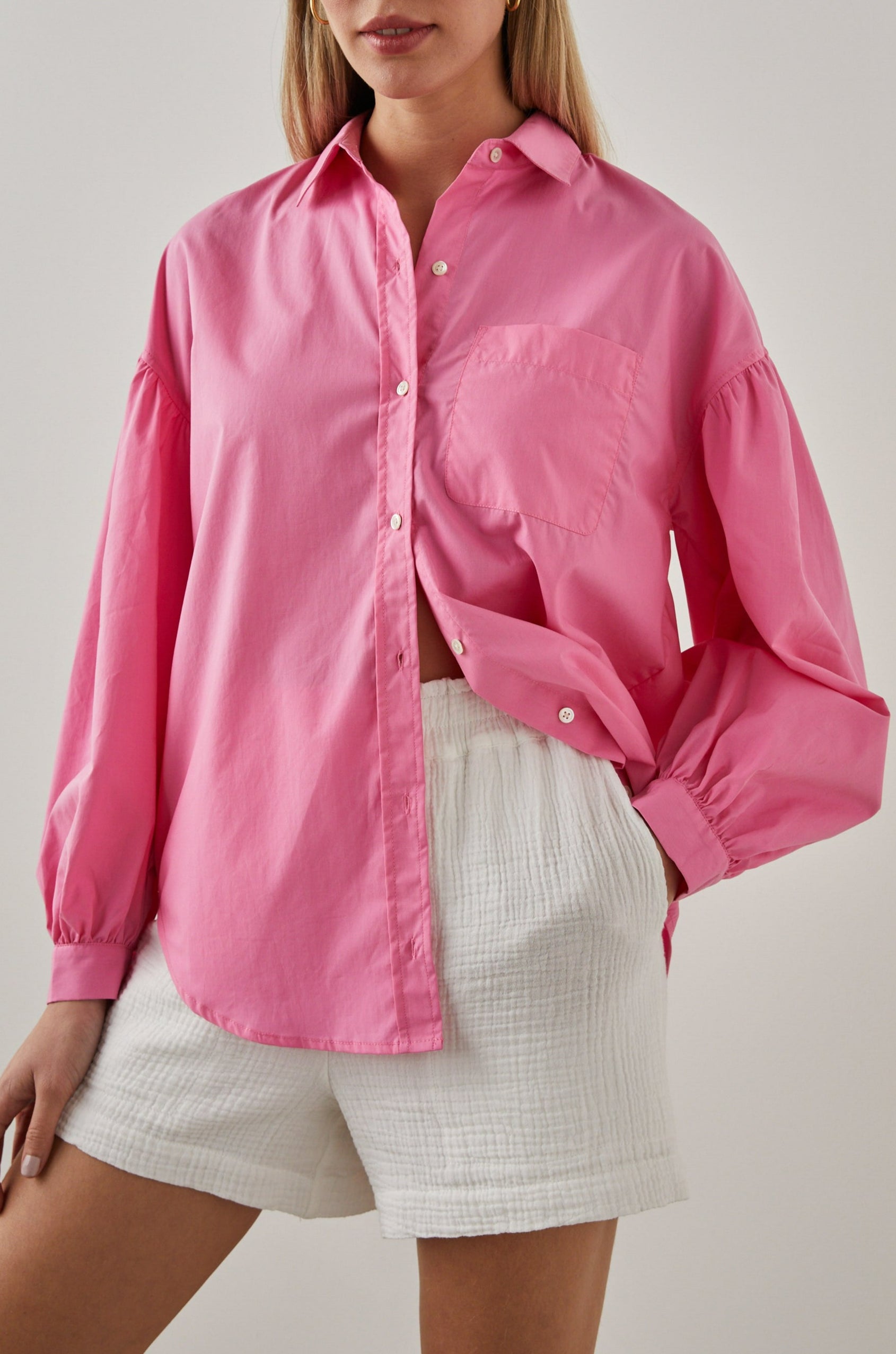 JANAE SHIRT HOT PINK - FRONT HAND IN POCKET