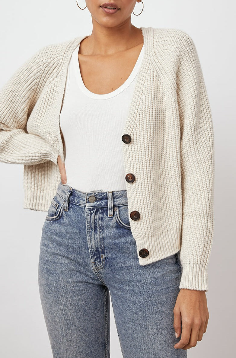 Josie Heather Taupe Cardigan - front unbuttoned