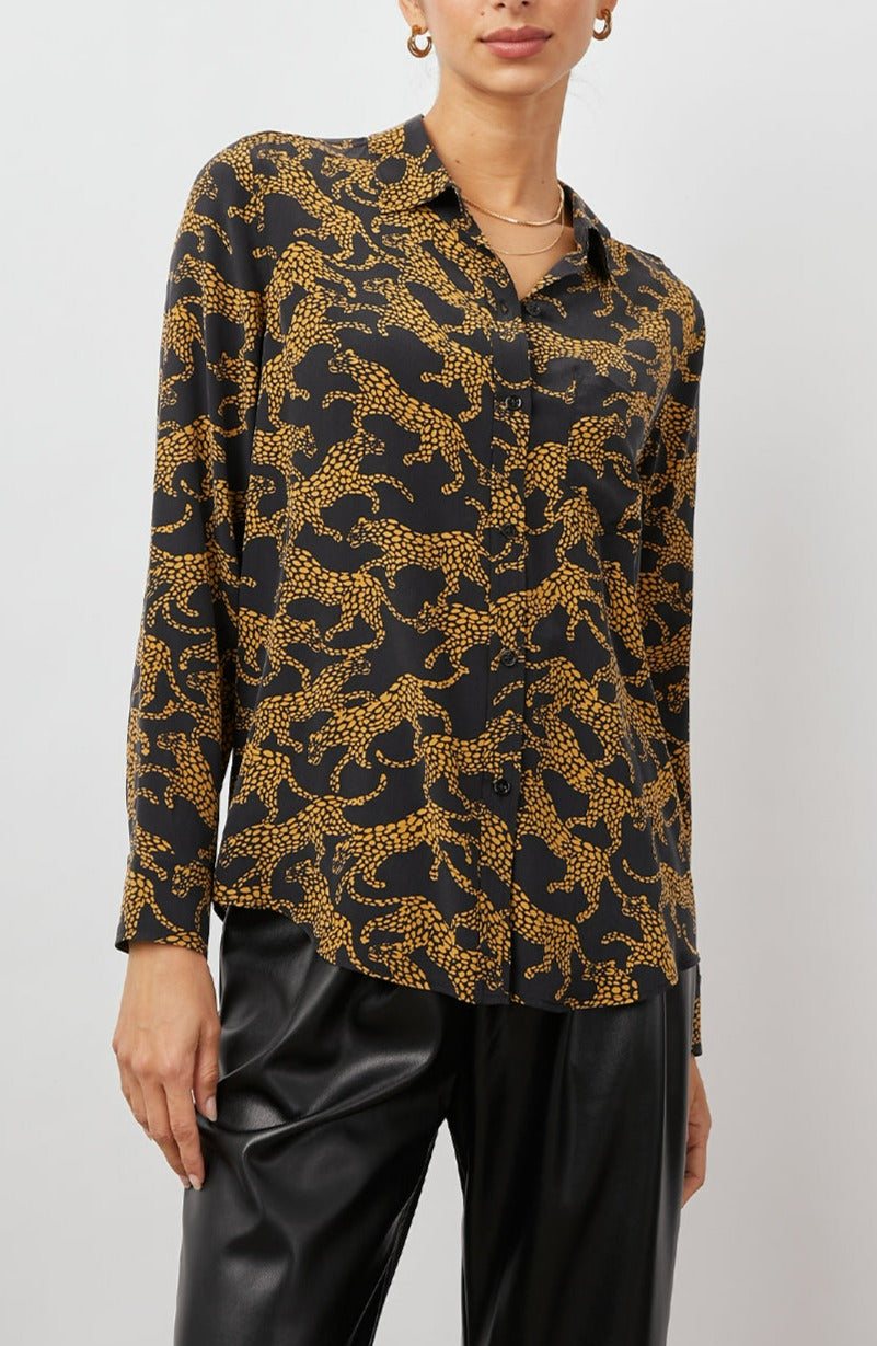 Kate Long Sleeve Button up with a Chest Patch Pocket in Lynx Colorway, Brown Lynx on Black  - Front View Featured on Model