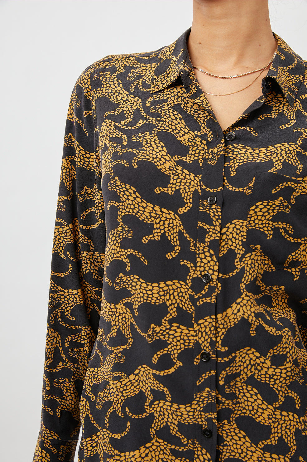 Kate Long Sleeve Button up with a Chest Patch Pocket in Lynx Colorway, Brown Lynx on Black  - Front View Featured on Model