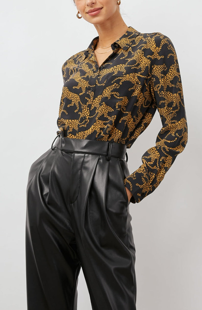 Kate Long Sleeve Button up with a Chest Patch Pocket in Lynx Colorway, Brown Lynx on Black  - Front Tucked Full Body View Featured on Model